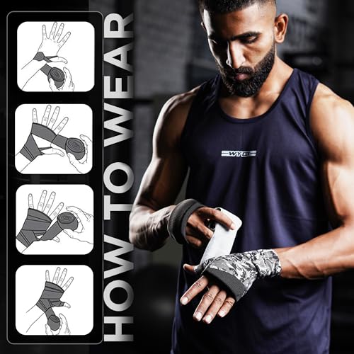 WYOX Boxing Hand Wraps & Gel Knuckle Guards Set for MMA, Muay Thai & Kickboxing - 2 Pair Hand Wraps + 1 Pair Knuckle Guards - Hand Wrist Protection for Men & Women Training - color: Grey/Black
