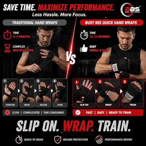 Busy Bee Sports Quick Hand Wraps for Boxing & MMA, Large Size (Snug Fit) – Gel Padded Inner Gloves with Wrist Support, Easy Slip-On Wraps for Men & Women, Breathable for Muay Thai & Kickboxing