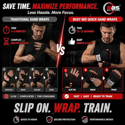 Busy Bee Sports Quick Hand Wraps for Boxing & MMA, Large Size (Snug Fit) – Gel Padded Inner Gloves with Wrist Support, Easy Slip-On Wraps for Men & Women, Breathable for Muay Thai & Kickboxing