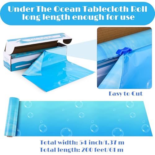 54 Inch x 100 Ft Ocean Waves Plastic Tablecloth Roll in Slide Cutter Box Under the Sea Table Cover Blue Water Print Backdrop Bulletin Board Plastic Roll for Beach Pool Birthday Party Decor