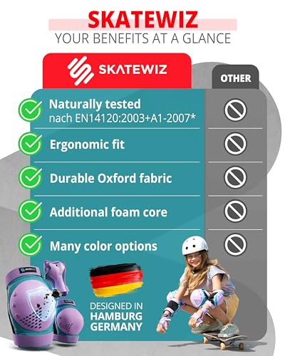 SKATEWIZ Skateboard Pads Protective Gear Set for Kids and Adults - Smash - Roller Skate Pads [6pc] with Wrist Guards - Skating Protective Gear - Roller Derby - color: Black, size: M/L - Kids/Teens