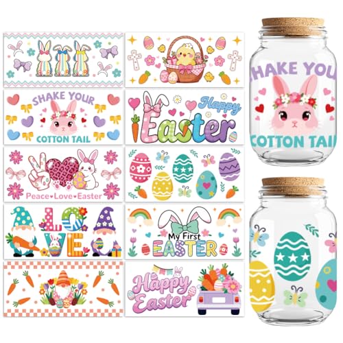 UV DTF Cup Wraps Transfer Stickers Easter Rabbit and Eggs Pattern, 10 Sheets Waterproof Custom Vinyl Transfer Sticker 16oz Coffee Glass Cup Tumbler Bottle Mug Decals for Men Women - style: Easter Rabbit and Eggs