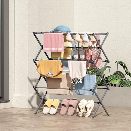 KINGBOARD 3-Tier Extendable Clothes Drying Rack, Small & Foldable, Grey | 37.4"H x 33.8"W x 11.2"D, Space-Saving Collapsible, Easy Assembly, Rust-Resistant Iron Frame, Indoor Outdoor Use, 25lb - color: Gray