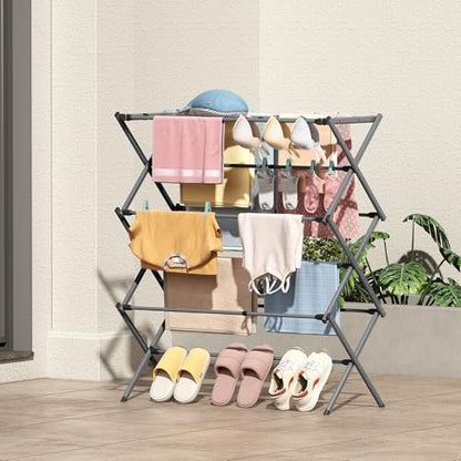 KINGBOARD 3-Tier Extendable Clothes Drying Rack, Small & Foldable, Grey | 37.4"H x 33.8"W x 11.2"D, Space-Saving Collapsible, Easy Assembly, Rust-Resistant Iron Frame, Indoor Outdoor Use, 25lb - color: Gray