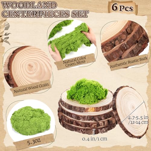Nuanchu 7 Pack Wood Table Centerpieces with Rustic Wood Slices and Artificial Fake Green Moss for Wooden Fairy Wedding Woodland Table Decor Ideal DIY Crafts (4. 7-5. 5'')