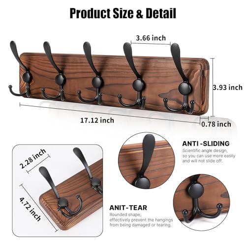 Gohiuo Rustic Wall Mount Coat Rack, Coat Hooks Wall Mount Wood Coat Rack with 5 Triple Hooks, Heavy Duty Wooden Wall Mounted Coat Hanger for Entryway, Farmhouse Hanging Coats, Hats, Bags,Towels - size: 5 hooks-1 items