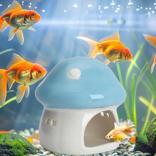 Cute Aquarium Mushroom House Betta Fish Tank Accessory Decor Mini Ceramic Fish Hideout Shrimp Cave Ornament (Blue)