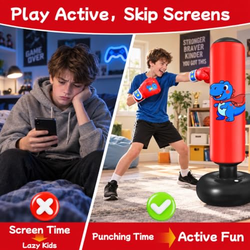 Qoosea Punching Bag for Kids 48in Dinosaur Toys Boxing Bag Set with Gloves - color: Red-63 IN