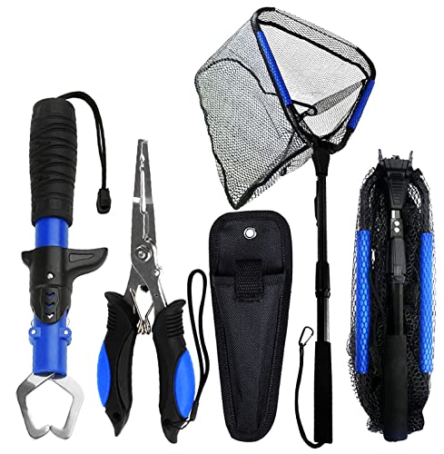 Floating Telescopic Folding Net with 7 Inch Pliers & Lip Gripper - Kids Fishing Net with Foldable Sand Bucket & Fishing Gear Accessories