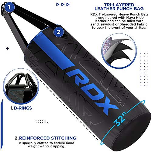 RDX Kids Unfilled Punching Bag Set 2FT, Non Tear Maya Hide Leather Kara Junior Hanging Bag for Kickboxing MMA Muay Thai Taekwondo Karate BJJ Strength Training, Home Gym Equipment - color: BLUE