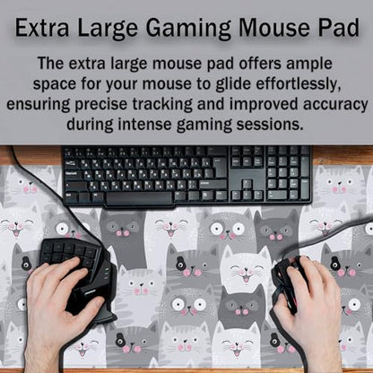 Keyboard Mouse Pad Funny Gray Cats, Large Mousepads Computer Desk Mat, XXL Gaming Mouse Pad Non-Slip Rubber Base Waterproof with Stitched Edges, 35.4 X 15.7 inch for Work/Game/Office/Home - color: Funny Grey Cats