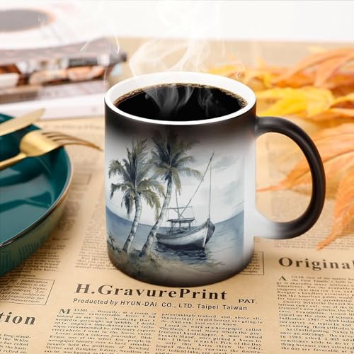 Palm Trees Fishing Boat Color Changing Mug Heat Changing Mug Ceramic Mug Heat Reactive Black Mug Tea Cup Message Appears As It Heats Birthday Holiday Gift for Family Friend