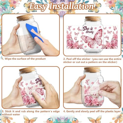 UV DTF Cup Wraps Transfer Stickers Butterflies Pattern, 10 Sheets Waterproof Custom Vinyl Transfer Sticker 16oz Coffee Glass Cup Tumbler Bottle Mug Decals for Men Women - style: Butterflies