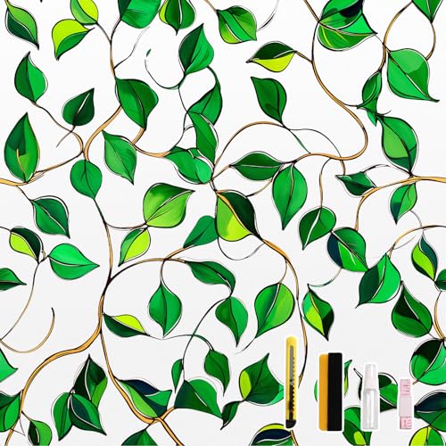 Donox Window Privacy Film, Decorative Frosted Static Cling Window Tint for Privacy, Home Decor Bathroom Door & Car Sticker, Adhesive-Free, Removable, UV Protection(Green Foliage, 17.5 x 157.4 inches - color: Green Foliage, size: 17.5 x 157.4 Inch