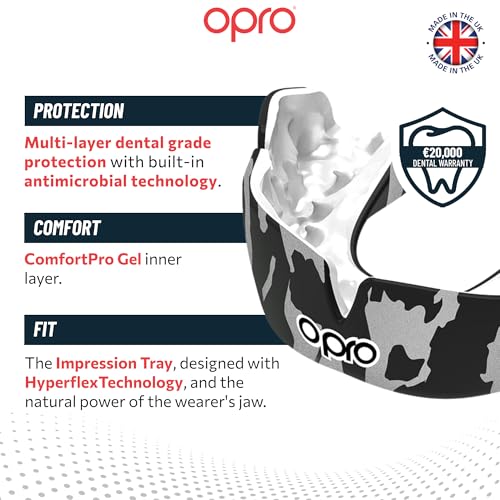 OPRO Instant Custom-Fit Mouthguard – Dentist Level Gum Shield Adult and Kids – OPRO Mouth Guard Boxing and MMA, Self-Fit Gum Shield Rugby – Maximum Protection with Dental Warranty (USA) - color: Silver Camo - Black/White/Silver, size: Adult (10+)