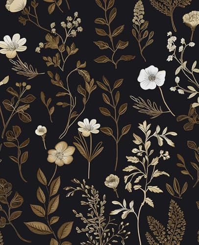 Peel and Stick Wallpaper, Thick Self Adhesive Vinyl Roll, Removable Waterproof Contact Paper for Bedroom Bathroom Cabinet Accent Wall, Moody Dark Botanical Floral Decor Muted Gold, 17.5" x 78" - color: Black/White/Gold, size: 17.5" x 78"