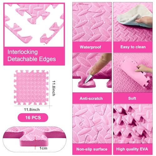 Shihanee 16 Foam Floor Interlocking Tiles, 11.8 x 11.8 Inch, Light Pink - color: Light Pink