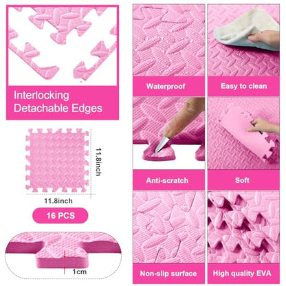 Shihanee 16 Foam Floor Interlocking Tiles, 11.8 x 11.8 Inch, Light Pink - color: Light Pink