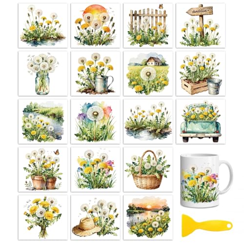 Peacoblue 18 Sheets Rub on Transfers for Crafts, Watercolor Dandelion 3.6"x3.9" UV DTF Cup Wraps Waterproof Rub on Cold Transfers Stickers for Wood Glass Metal Cup Tumblers Mirrors Mugs Home Decor - style: Watercolor Dandelion