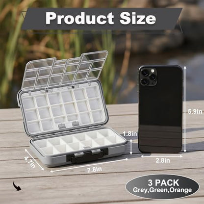 Small Tackle Box Organizer 3 Pack, Mini Portable Waterproof Fishing Lure Boxes with Removable Dividers, Double-Sided Plastic Storage Containers Terminal Fishing Tackle Box Organizer(Green,Orange,Gray)