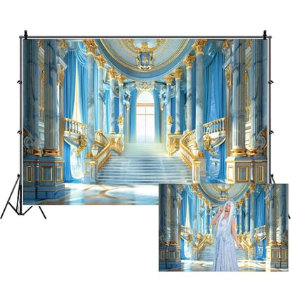 Fabric Blue Palace Backdrop Luxury Golden Hall Castle Interior Staircase Masquerade Party Scene Wedding Bridal Shower Background Photo Booth Studio Props 5x4ft - color: XH002, size: 5Wx4H FT