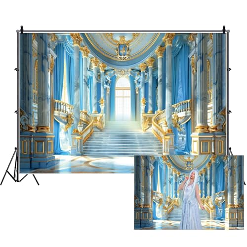 Fabric Blue Palace Backdrop Luxury Golden Hall Castle Interior Staircase Masquerade Party Scene Wedding Bridal Shower Background Photo Booth Studio Props 6x4ft - color: XH002, size: 6Wx4H FT