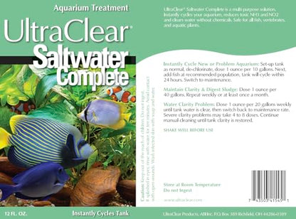Saltwater Complete – Live Nitrifying Bacteria Blend for Saltwater & Reef Aquariums - Instant Cycle Marine Tank Starter - Removes Ammonia Nitrite - Clarifier - Safe for Fish Coral Invertebrates - 12oz