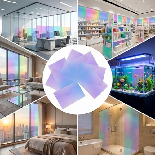7 Pcs Iridescent Window Film, Self Adhesive Glass Films Holographic Window Film for DIY Christmas Party Home Decoration 11.8 Inch x7.8 Inch