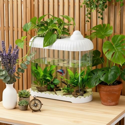 White 2 Gallon Plastic Aquaponic Betta Fish Tank Large Bowl Shatterproof Small Ecosystem Aquarium with Secure Buckle Lid, Clear Clarity for Terrarium, Flower Vase Betta Fish Tabletop Gifts - color: White