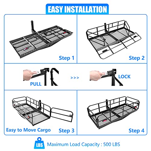 KAIRAY 500 Lbs Heavy Duty Hitch Mount Cargo Carrier 60" x 24" x 14.4" Folding Cargo Rack Rear Luggage Basket Fits 2" Receiver for Car SUV Camping Traveling - size: Hitch Cargo Basket only - 60" x 24" x 14.4"
