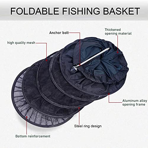 Fishing Cage Basket, Collapsible Nylon Fish Baskets, Fish Keeping Net with Anchor Bolt, for Minnows,Crab,Shrimp,Crawfish-Black(60X13 in)