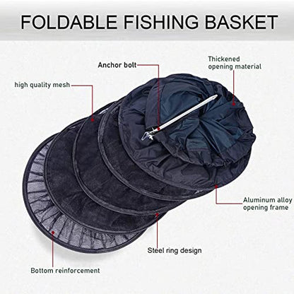 Fishing Cage Basket, Collapsible Nylon Fish Baskets, Fish Keeping Net with Anchor Bolt, for Minnows,Crab,Shrimp,Crawfish-Black(60X13 in)