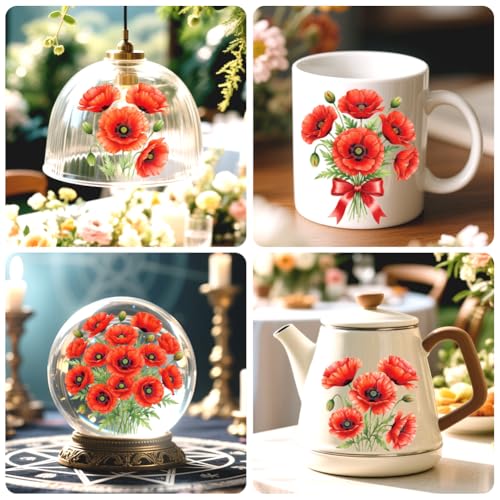 Peacoblue 18 Sheets Rub on Transfers for Crafts, Poppy 3.6"x3.9" UV DTF Cup Wraps Waterproof Rub on Cold Transfers Stickers for Wood Glass Metal Cup Tumblers Mirrors Mugs Home Decor - style: Poppy