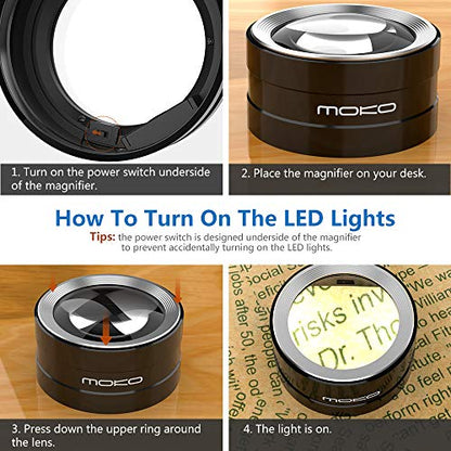 MoKo LED Lighted Desktop Magnifier Dome with 5X Magnification, Magnifying Glass with Light Large Viewing Area for Seniors Reading, Inspection, Exploring, Coins, Low Vision - Carrying Case Included