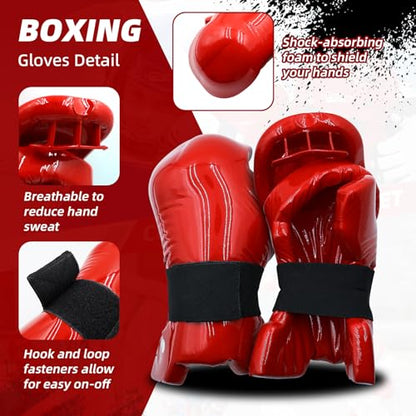 Martial Arts Karate Protective Sparring Gear Package Deal/Gift Adjustable Adult & Youth Headgear, Gloves & Kicks for MMA, Taekwondo, Boxing Training (Red, Medium)