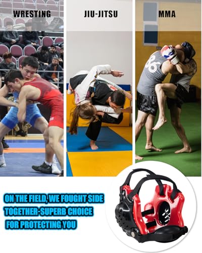 Wrestling Headgear, Youth Wrestling Head Gear with Chin Cup, Sorf Ear Guard for MMA, Jiu-Jitsu (for Users Age 10+) - color: Red