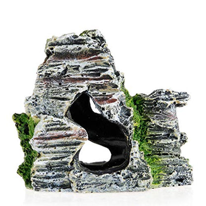 Aquarium Rock Cave, Large Resin Cave Decoration for Fish Tank, Mountain View Artificial Rock with Moss and Trees for Betta Cichlid Fish Shrimp to Hide Rest Breed, Decor