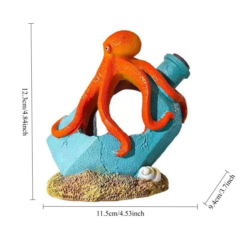 Resin Octopus and Broken Bottle Aquarium Ornament, Fish Tank Decor Hideout for Shrimp and Small Aquatic Species, Blue