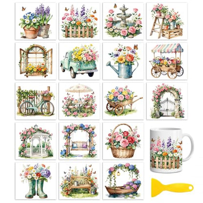 Peacoblue 18 Sheets Rub on Transfers for Crafts, Garden Flowers and Butterfly 3.6"x3.9" UV DTF Cup Wraps Waterproof Rub on Cold Transfers Stickers for Wood Glass Metal Cup Tumblers Mirrors Mugs Decor - style: Garden Flowers And Butterflies
