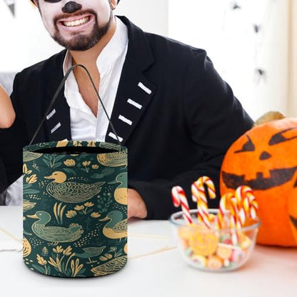 Halloween Trick Or Treat Bags With Handles Collapsible Candy Bucket Reusable Duck Pattern Green Printed Goody Bucket For Holiday Party Gifts - color: Duck Pattern Green