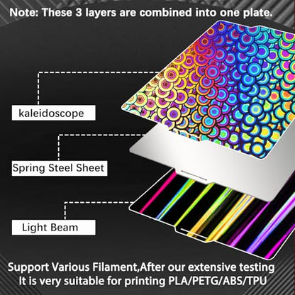 JUUPINE 257x257mm Bambu Lab Build Plate for Bambu Lab X2D/A1/P1P/P1S /P2S/X1/X1C/X1E/3D Printer, 3D Printer Flexible Spring Steel Sheet Removable Platform (Smooth Kaleidoscope+Smooth Light Beam) - color: PEY-Kaleidoscope+PEY-Light Beam