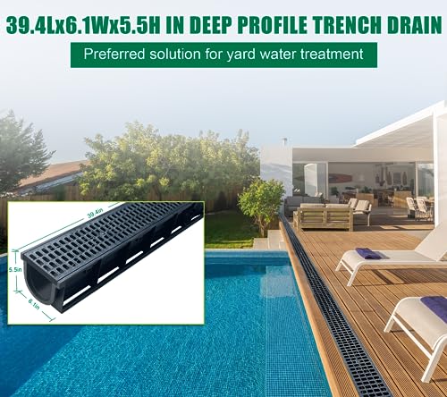 A15 Deep Profile HDPE Trench Drain-39.4Lx6.1Wx5.5H in. Channel Drain with Grates,Durable Plastic Yard Drainage System for Outdoor,Yard Fence,Houseside,Pool,Sidewalk,Patio,Backyard