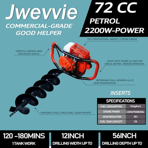 72cc Post Hole Digger, Gas Powered Post Hole Digger, Earth Auger Digger with 3 Drill Bit 4" & 8" & 12" and 2 Extension Rods 24" 24" for Planting Fence Farmland Garden & Plant, 2200W - size: 72cc