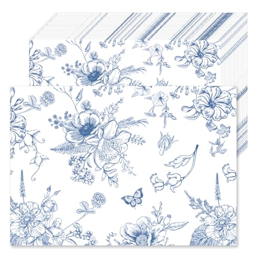 50 Pcs Blue Porcelain Paper Placemats, 11x16 Inch Blue Floral Disposable Placemats Spring Summer Flowers Chinoiserie Table Mats for Wedding Baby Shower Birthday Home Party Supplies