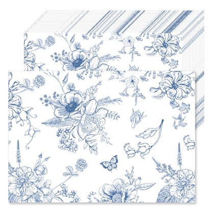 50 Pcs Blue Porcelain Paper Placemats, 11x16 Inch Blue Floral Disposable Placemats Spring Summer Flowers Chinoiserie Table Mats for Wedding Baby Shower Birthday Home Party Supplies