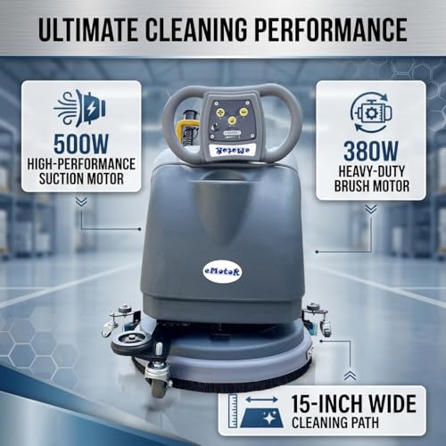 Emotor 15'' Foldable Walk Behind Floor Scrubber Machine Hand Push Scrubber Machine for Industrial Commercial Usem,Upgrade Automatic Water Flow, Machine Size 32"X18"X25"(Gray)