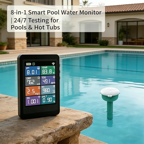 8-in-1 Smart Water Quality Monitor, 24/7 Auto Tester, Digital pH, Chlorine, ORP, Temp, TDS, Salinity, EC, SG Detector, App Control & Custom Alerts for Pool, Hot Tub, Spa, Aquarium, Pond