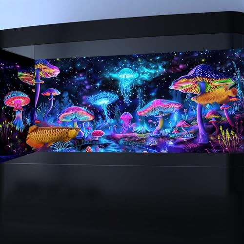 72X16IN Blacklight Mushroom Jellyfish Aquarium Background UV Reactive Background Starry Sky Terrarium Background with 10 EVA Double-Sided Tape - size: 72X16in/180X40cm
