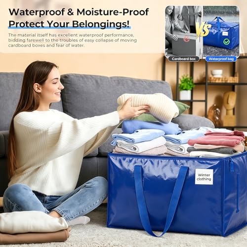 Extra Large Storage Bags, 23 Gallon Capacity, Waterproof Moving Totes with Handles and Label Pocket, Heavy Duty Zipper, Polypropylene Woven Fabric, Foldable Design (2 Pack Blue)