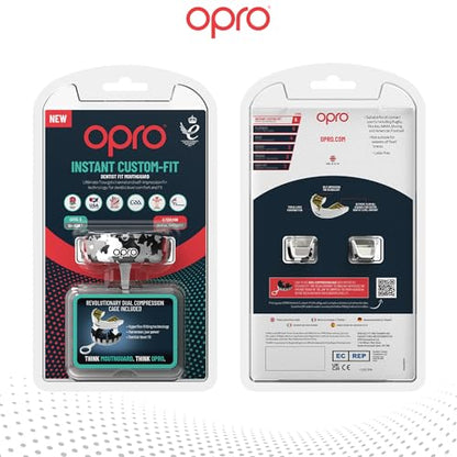 OPRO Instant Custom-Fit Mouthguard – Dentist Level Gum Shield Adult and Kids – OPRO Mouth Guard Boxing and MMA, Self-Fit Gum Shield Rugby – Maximum Protection with Dental Warranty (USA) - color: Silver Camo - Black/White/Silver, size: Adult (10+)